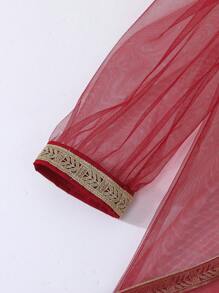 SHEIN 2 Pcs/Set Young Girl Spring Autumn Foil Print Shawl Coat & Dress Set - Red - View 5