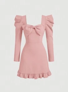 SHEIN MOD Vestido corto rojo con mangas abullonadas y lazo - Rosa - Ver 1