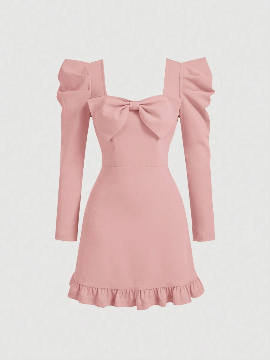 SHEIN MOD Vestido corto rojo con mangas abullonadas y lazo - Rosa - Ver 1