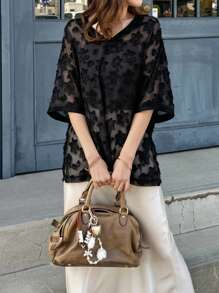 FRIFUL Women's Loose Lace V-Neck Blouse, Minimalist Fashion Casual Daily Wear Sheer