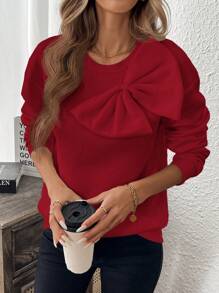 SHEIN LUNE 2024 春秋新款女士时尚宽松蝴蝶结设计简约套头衫白色运动衫 - 酒紅色 - 查看 6