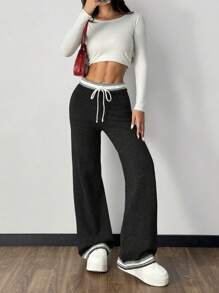 SHEIN Essnce 女士黑色撞色毛衣裤、保暖毛衣、宽松阔腿裤街头裤秋冬女、喇叭女裤、女牛仔裤、冬装、冬季女裤 - 黑色 - 查看 4