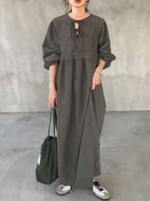FRIFUL Women's Solid Color Front Tie Long Sleeve Simple Casual Long Dress