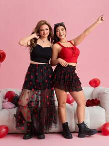 SHEIN EZwear Women's Plus Size,Valentine's Day,Flocked Heart Print Mesh Tiered Mini Skirt,Spring Summer Clothes - Black - View 6