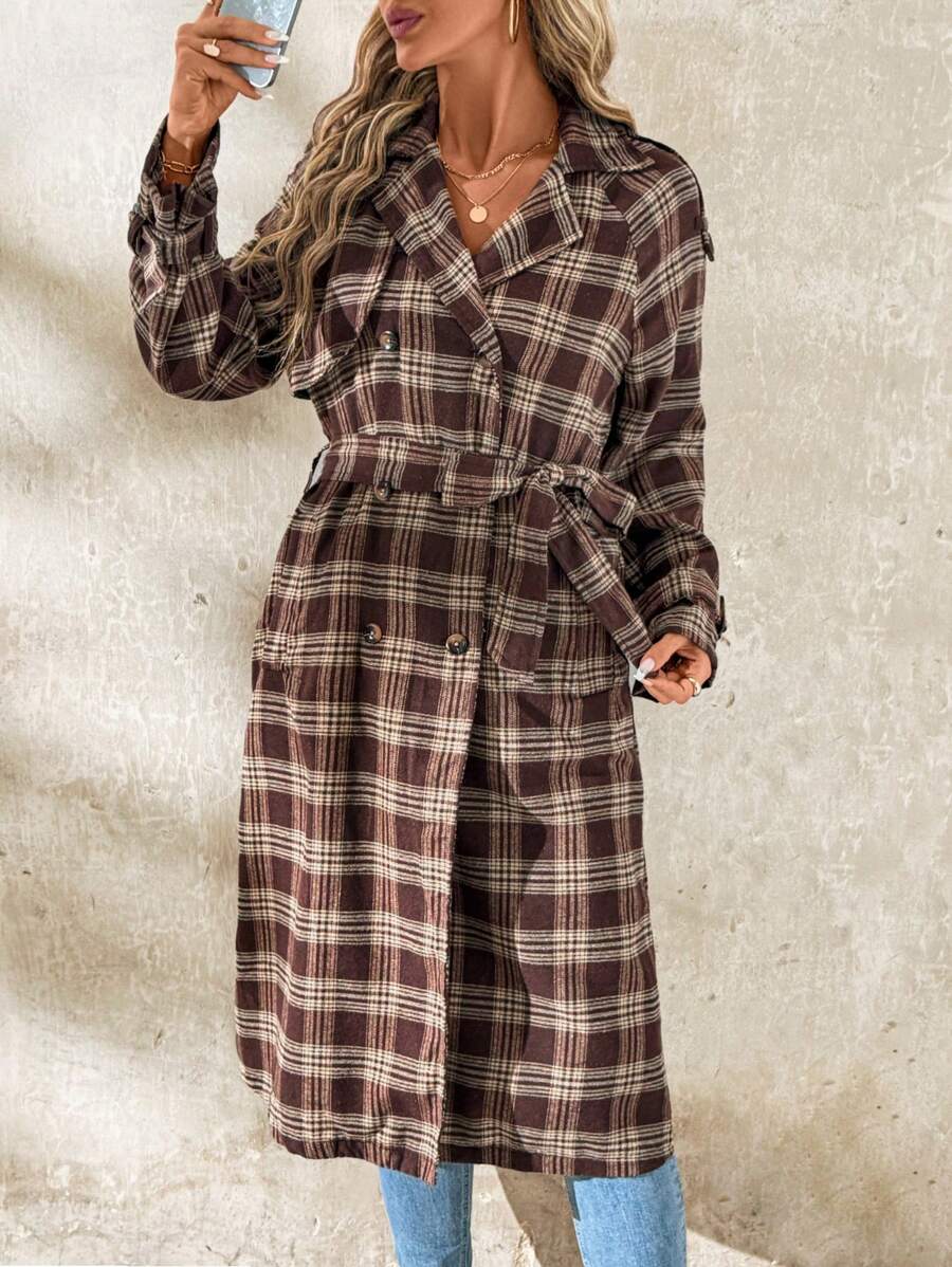 SHEIN Clasi Women's Fashion Plaid Raglan Sleeve Double Breasted Lace-Up Trench Coat For Women Winter Commuter And Outdoor Outerwear - Multicolor - View 1