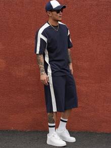 DAZY 2pcs Men's Summer Patchwork Contrast Letter Print Short Sleeve T-Shirt And Shorts Set