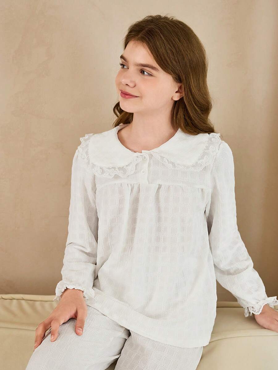 SHEIN Tween 女童白色蕾丝边长袖长裤两件套休闲舒适宽松优雅家居服 - 白色 - 查看 1