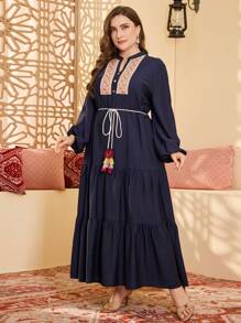 Al Najma 女士立领灯笼袖飘逸农家连衣裙，抽绳和流苏饰边，加大码，舒适亚麻混纺 - 藍色 - 查看 5