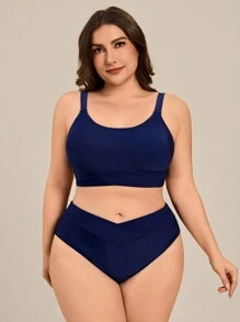 SHEIN Swim Navy Blue Solid Color Plus Size Women's Bikini Set Summer - Navy Blue - View 1