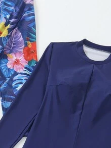 Swim Shayni Women's Conservative Beach Outfit - Long Sleeve Rash Guard, Long Pants, Mesh Dress, And Blue Burkini Set - Navy Blue - View 6