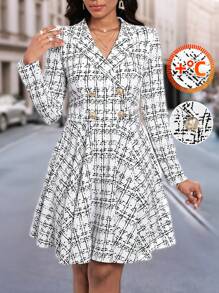 SHEIN Lady White Denim Printed A-Hem Elegant Long Sleeve Dress Women Clothes Women's Dress - White - View 1