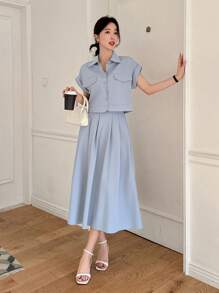 DAZY 2pcs Plain Cropped Shirt & Skirt Set For Women - Blue - View 5