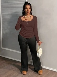 Slaydiva Plus Size Casual Ruched Waist Square Neck Long Sleeve Top - Brown - View 4