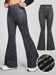 SHEIN Tween 女童针织豹纹弹力舒适灰色喇叭裤