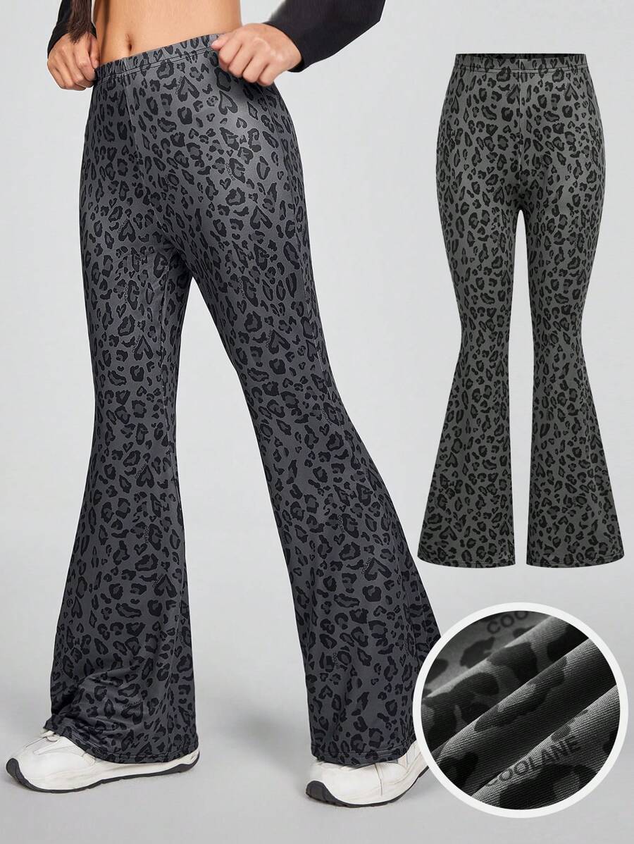 SHEIN Tween 女童针织豹纹弹力舒适灰色喇叭裤