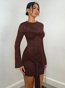 SHEIN BAE 性感酒红色蕾丝透明长袖丝带圣诞连衣裙，适合俱乐部、约会之夜、节日派对穿着 - 咖啡棕 - 查看 5