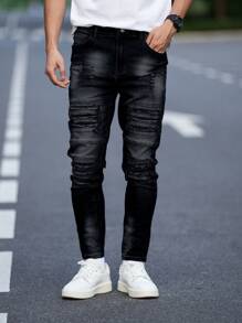 Manfinity LEGND Men's Front Button Pocket Distressed Simple Jeans, Casual Daily Wear - Black - View 6