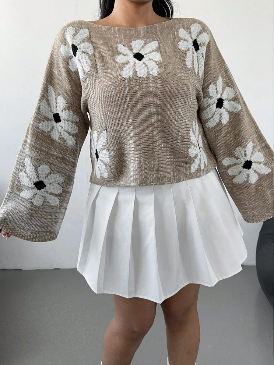 Flirla Plus Size Women Floral Pattern Round Neck Long Sleeve Casual Sweater, Autumn/Winter Knit Pullover Fall - Apricot - View 1