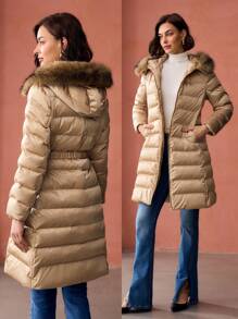 MOTF CONTRAST FUZZY HOODED SLANT POCKET BELTED PADDED COAT - Brown - View 2