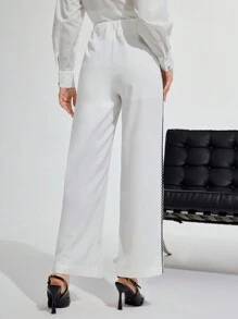 Modelyn Casual Contrast Trim High Waist Wide Leg Pants - White - View 2