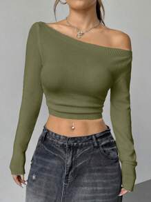 Flirla Pull court ajusté à col asymétrique, couleur unie, style minimaliste et polyvalent. Tricot pour l'automne et l'hiver - Vert - Voir 3