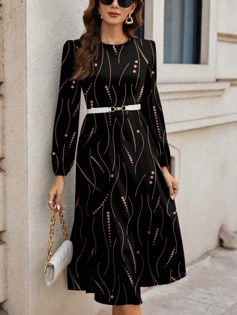 SHEIN Clasi 休闲条纹圆点图案圆领长袖连衣裙，适合春秋季节 - 黑色 - 查看 1