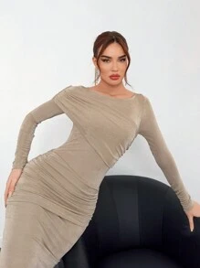 Aloruh 女士闪亮百褶裹身卡其色和金色紧身美人鱼连衣裙，适合派对/晚礼服