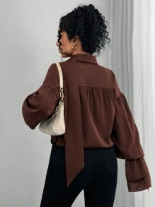 SHEIN Lady 女士纯色前扣长袖休闲上衣，日常穿着 - 巧克力棕 - 查看 2