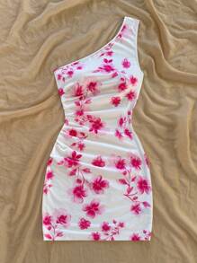 Soleia Women's Spring/Summer Holiday Pink Romantic Tie Dye Floral Pattern One Shoulder Ruched Waist Slim Fit Mini Dress, For Date, Valentine's Day, Afternoon Tea, Party, Carnival, Easter, Beach Cruise - Multicolor - View 5