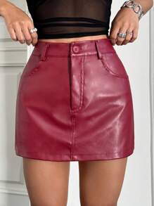 SHEIN EZwear 女士纯色前扣口袋简约休闲 PU 铅笔裙 - 酒紅色 - 查看 3