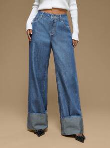 Forever 21 秋冬女士口袋宽松阔腿深蓝色水洗复古牛仔裤