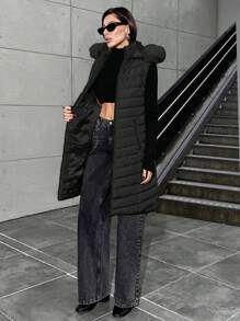 EURMUSE Women Fake Fur Hooded Long Zip Detailed Winter Coat - Black - View 4