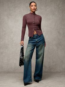 SHEIN BAE 女士秋冬休闲纯色前扣衬衫保暖长袖上衣、家庭圣诞衬衫、女士毛衣 - 酒紅色 - 查看 4