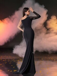 Glamrae Váy đuôi cá tay lệch đính đá đen thanh lịch, phù hợp cho tiệc tối của phụ nữ, dạ tiệc trang trọng - màu đen - Xem 7