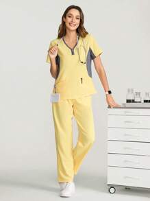 SHEIN TaskFit Scrubs Scrub Uniform Set: Short Sleeve Top And Pants With Color Blocking, For Staff - Multicolor - View 1