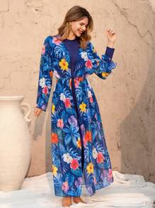 Swim Shayni Women's Conservative Beach Outfit - Long Sleeve Rash Guard, Long Pants, Mesh Dress, And Blue Burkini Set - Navy Blue - View 3