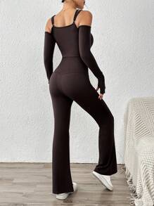 SHEIN Essnce 秋冬季美拉德女士修身打底连体裤单肩连体喇叭裤休闲运动装 - 棕色 - 查看 2