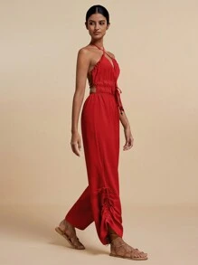 Travachic Mono De Cuello Halter Cruzado Con Nudo Delantero Para Mujeres