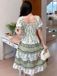 DAZY 假日花卉荷叶边方领中长连衣裙 女士吊带裙