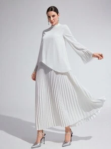 Modelyn Women's Elegant Solid Pleated Flared Sleeve Dress - White - View 4