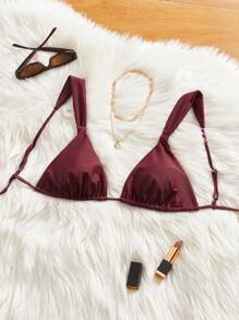 SHEIN ICON Women's Spring Summer Solid Color Burgundy Red Spaghetti Strap Swimwear Top, Vacation Beach - Burgundy - View 5