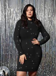SHEIN VCAY Plus Size Women Solid Color Shiny Elegant Fitted Mini Stand Collar Dress Valentine's Day Outfits Romantic