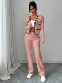 Elenzga 2pcs/Set Casual Color Block Trim Cardigan Sweater & Pants Set, Autumn/Winter - Pink - View 5