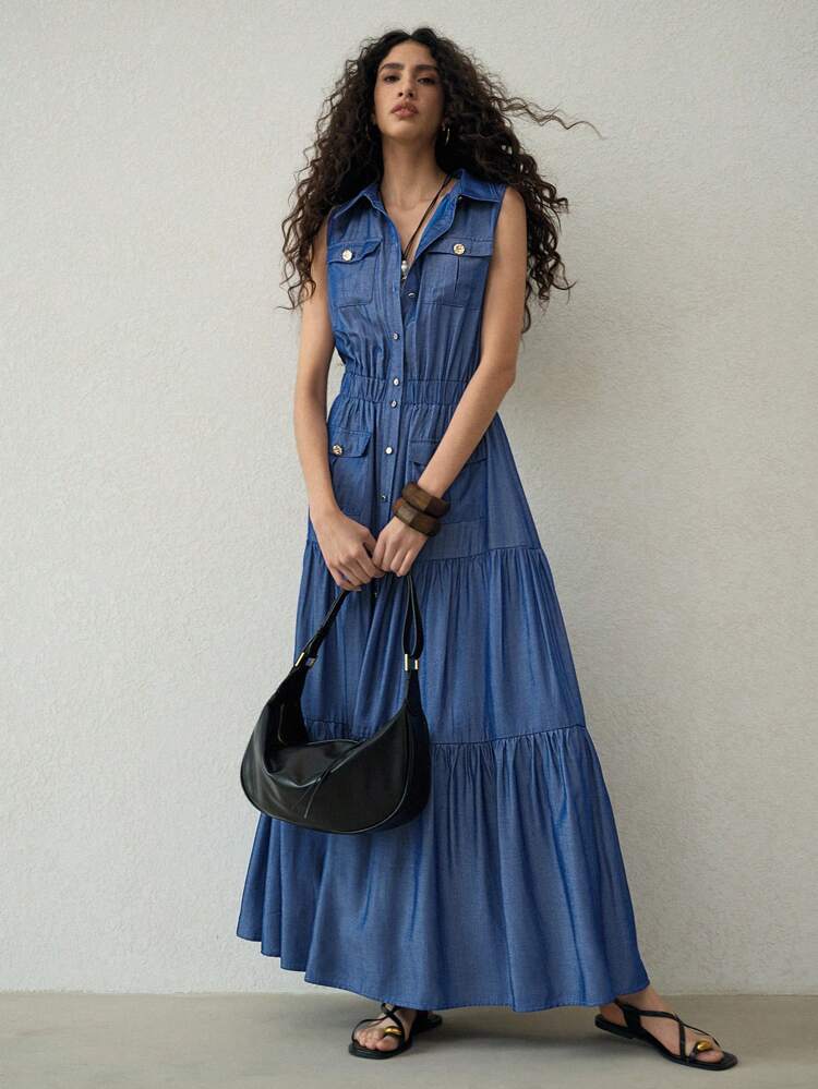 VESTIDO LARGO CON BOTONES Y MANGAS ACAMPANADAS