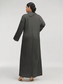 Al Najma 女式纯色高领长袖口袋宽松长款休闲阿拉伯朴素连衣裙，休闲风格，适合日常休闲/旅游/度假/休假/家居服，超长款阿拉伯朴素连衣裙 - 灰色 - 查看 2