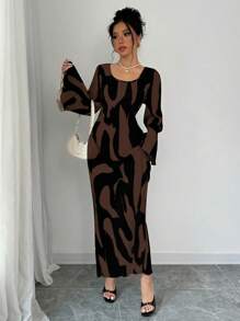 Rafferiza 女式花卉印花方领收腰喇叭裙长款女装 - 棕色 - 查看 5