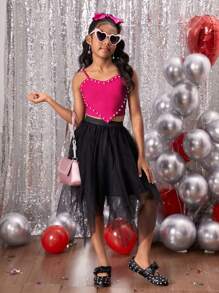 SHEIN 2pcs/Set Tween Girl Cute Short Heart Shape Pearl Decorated Camisole TOP Daily Casual Hanky Hem Mesh Overlay Skirt - Hot Pink - View 3