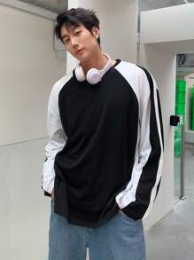 Manfinity Dauomo 男士休闲宽松款拼色圆领长袖 T 恤 - 黑與白 - 查看 3