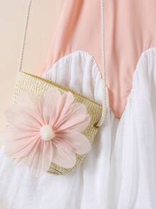1pc Young Girl Sweet Backless Sleeveless Patchwork Floral Decor Dress - Pink - View 7