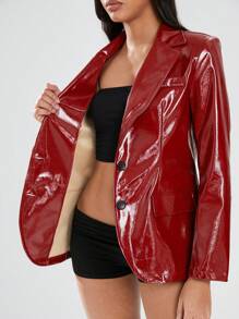 SHEIN Unity 1 件女士红色翻领皮革纹理休闲西装外套，适合冬季和新年穿着 - 紅色 - 查看 7